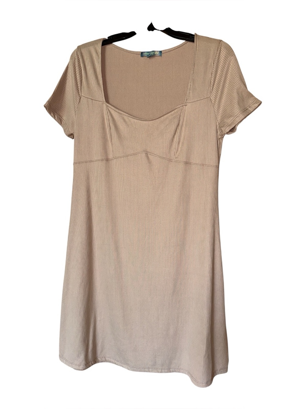 Good Luck Gem‎ Ribbed Mini Dress XL Tan Square Neck Bodycon Stretch Minimalist